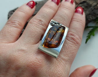 Stunning, Adjustable Baltic Amber Ring, Sterling Silver 925 Cognac Stone