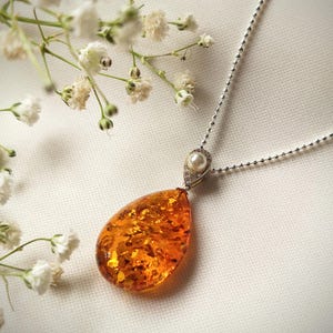 Amber Pendant, natural amber stone, 925 silver jewelry, Zirconia and Pearl bail, cognac stone