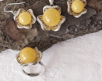 Amber Jewelry Set, silver jewelry, Flower Design, Cubic Zirconia Ring