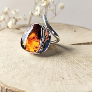 Cognac Amber Ring • Sterling Silver Baltic Amber Jewelry • Natural Gemstone Statement Ring for Her, elegant style