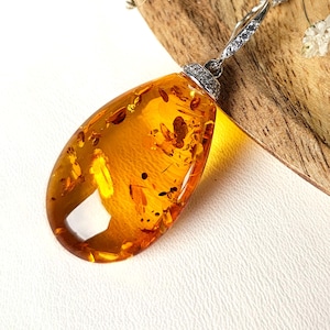 Cognac Baltic Amber pendant, 925 silver jewelry, glamour style, elegant gift for women