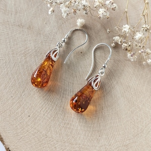 Brown Amber Earrings  with Silver – drop Cognac Baltic Amber Earrings – Sterling Silver flowers, hanging earrings