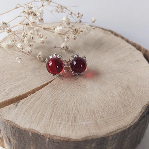 Amber Silver Earrings Zirconia Red Amber Bead, Natural Amber, stud earrings Elegant Handmade Jewelry, gift for her