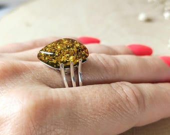 Green Baltic Amber Ring, sparkling silver jewelry, handmade ring, Unique Design jewellery, delicate frame