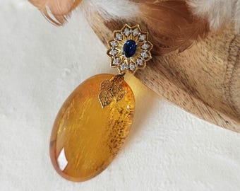 Baltic Amber Pendant, Gold-Plated Sterling Silver, Blue Zirconia