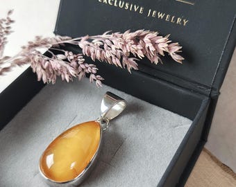 Yellow Baltic Amber Pendant: Sterling Silver Frame, Unique Gemstone