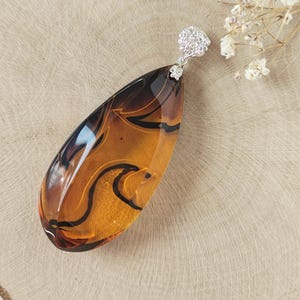 Carved Amber Silver Pendant, Faceted natural stone, Hand Carved, Sterling Silver 925, Baltic Amber Jewelry, unique design jewellery