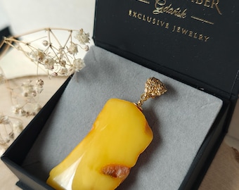 Yellow amber pendant, gold plated bail, Baltic gemstone, raw stone, silver jewelry, natural jewellery