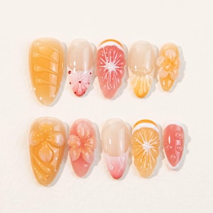 Hand Painted Pink Grapefruit Press-On Nails: Summer Fruit Flower Design
