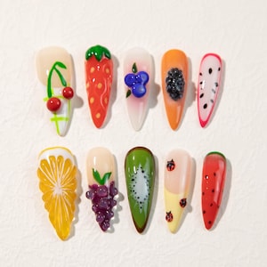 3D Fruit & Ladybug Press-On Nails: Hand-Painted Summer Nail Art