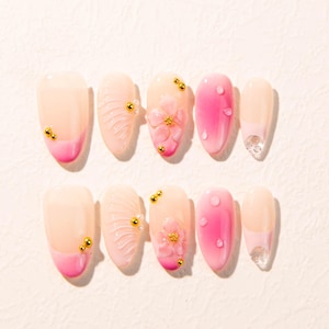 Pink Sakura Press On Nails: 3D Cherry Blossom Nail Art