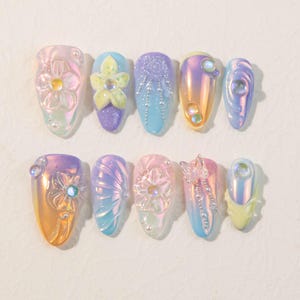 Summer Colorful Fairy Press On Nails | 3D Flowers Nails | Wedding Nails | Custom Nail Sets | Reusable Luxury Nails | QueenNailArtCo