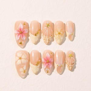 3D Flower Press On Nails: Tropical Beach Mermaid Nail Art