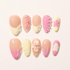 3D Flower Press On Nails: Pink Crystal Mermaid Nail Art
