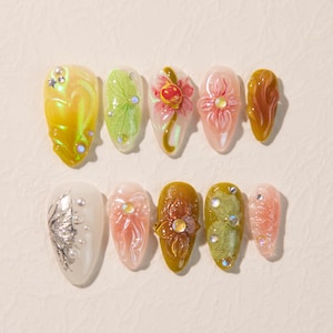 3D Flower Press-On Nails: Secret Garden Almond Nail Art