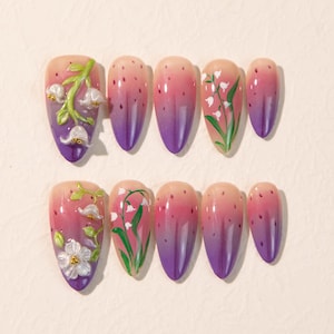 Hand Painted Press-On Nails: Lily of the Valley Ombre Almond - Custom False Nails