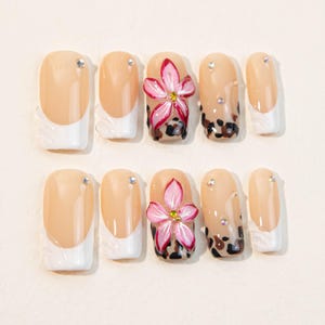 Whited French Medium Square Press On Nails | 3d Flowers Nails | Summer Nails | Custom Nail Sets | Reusable Luxury Nails | QueenNailArtCo