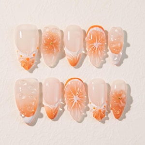 Flower Press On, Spring-Summer Nail Art | Fresh Fruit Fake Nails for Summer Lover | Custom Nail Set | Reusable Luxury Nails | QueenNailArtCo