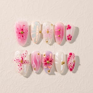 3D Freestyle Flower Press-On Nails | Medium Almond Ombre Pink with Gel Lily Design | Handmade Floral Nail Art by QueenNailArtCo