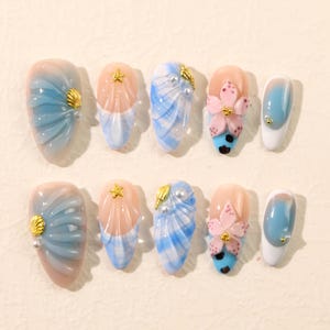 3D Flower Free Style Medium Almond Press On Nails  | Summer Beach Nails | Custom Nail Sets | Reusable Luxury Nails | QueenNailArtCo