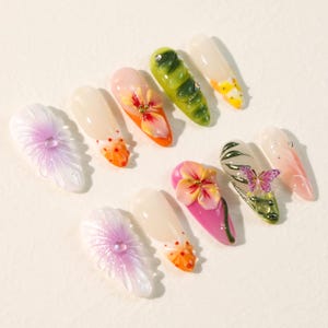 3D Flower Butterfly Press-On Nails: Long Almond Reusable Nail Set