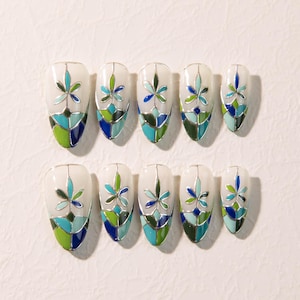 Hand-Painted Stained Glass Press On Nails | Floral Mosaic Nail Art | Green & Blue Accent Design | Unique Geometric Pattern Nails