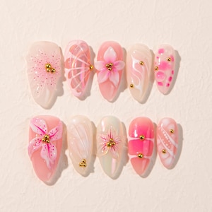 3D Flower Press-On Nails: Ombre Pink Gel Lily Design, Medium Almond