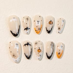 Hand-Painted Halloween Press-On Nails: Ghost, Pumpkin, Bat Nail Art