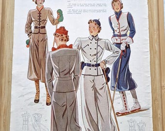 Impresión Art Déco original de 1937 sobre esquí de alta costura: ilustración vintage de moda deportiva de invierno francesa para mujeres, elegante arte mural de ropa deportiva alpina.