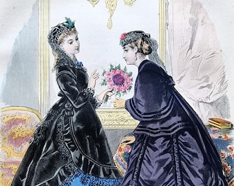Lámina de moda francesa de 1869, La Femme et la Famille, impresión de vestido victoriano coloreada a mano, decoración de vestuario antiguo de París, arte de pared de revista de moda