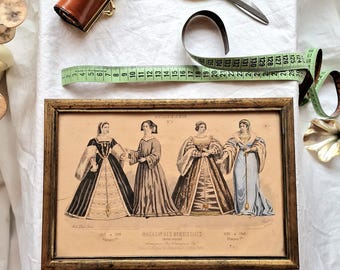 Placa de moda francesa antigua del siglo XIX: Magasin des Demoiselles, grabado coloreado a mano, Histoire de la Mode No.9, impresión enmarcada