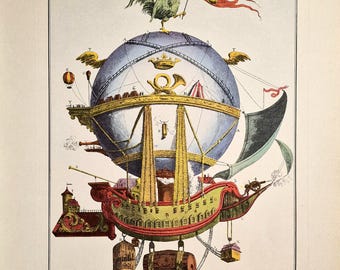 Impresión original de un globo aerostático de gran tamaño, 1956: «La Minerve», nave aérea para el Discovery 1803, litografía, arte mural de aviación histórica.
