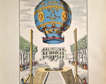 Impresión original de un globo aerostático de gran tamaño de 1956: Ilustración del primer viaje aéreo de 1783, litografía histórica de aviación, arte mural de vuelo vintage