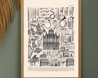Lámina de instrumentos musicales antiguos, descarga digital, póster de orquesta con partitura musical francesa de Larousse de 1920, lámina de arte mural antiguo para imprimir.