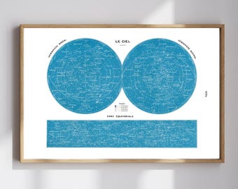 Mapa estelar vintage impreso, descarga digital, carta celeste, póster de astronomía de Larousse de la década de 1920, mapa de constelaciones, arte mural del cielo nocturno, imprimible.