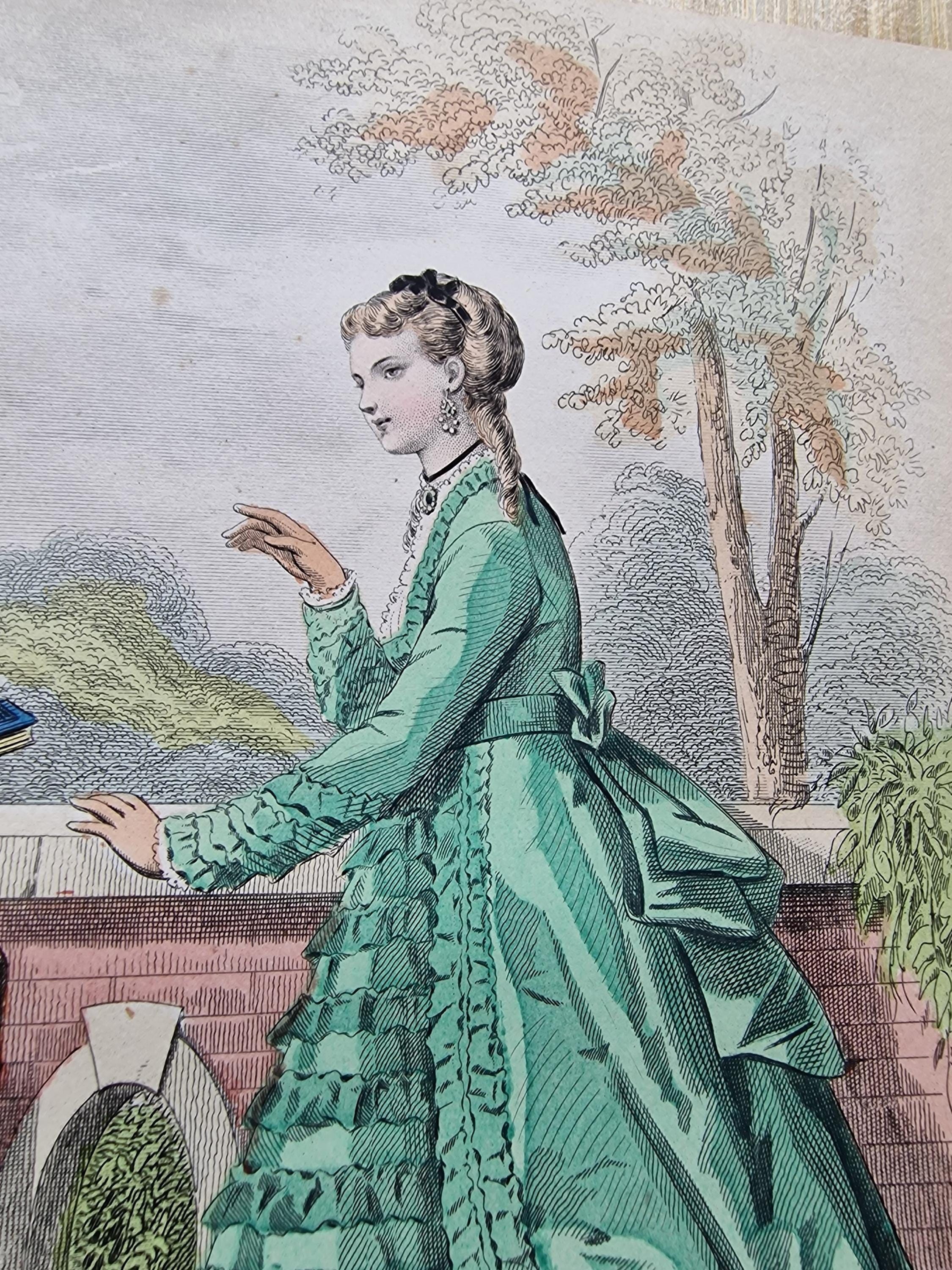 1869 French Fashion Plate – Paris Victorian Dresses in Green