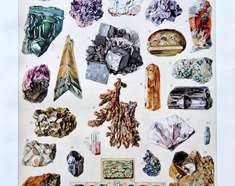 Grabado mineral antiguo de la década de 1920: ilustración vintage de cristales y piedras preciosas, litografía de muestra geológica de Larousse, arte mural