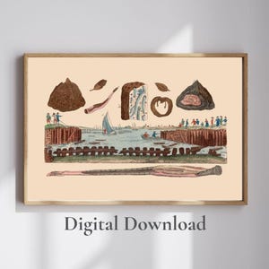 Antique Marine Engraving Print Digital Download – Shipworm Teredo Printable Illustration, Coastal Harbor Scene Poster, 1800s Wall Art