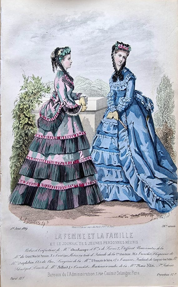 1869 French Fashion Plate  Paris Victorian Dresses in Blue & Rose   Hand-colored Antique Lithograph, La Femme Et La Famille Illustration - Etsy