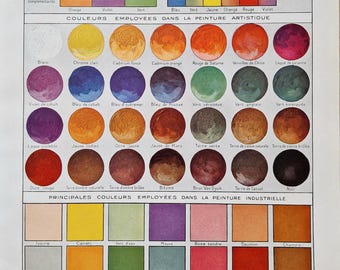 Litografía de la carta cromática francesa de la década de 1920: ilustración antigua de Larousse Couleurs, carta de pigmentos vintage, arte mural sobre la teoría del color.