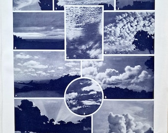 Grabado de nubes antiguo de la década de 1920: Estudio del cielo meteorológico de Larousse, litografía vintage con ilustración meteorológica, arte mural atmosférico en blanco y negro.