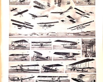 Antique Aviation Print – 1920s Airplane Lithograph, French Aeronautics Wall Art, Early Flight Illustration, Larousse Industrial Lithograph