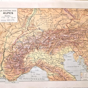 Originele Alpenkaart uit de jaren 1920 – antieke Franse atlasprint, alpentopografische en geologische kaartlithografie, Mont Blanc-muurkunst