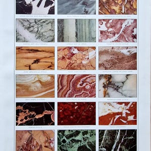 May include: A page featuring a collection of marble samples, each in a rectangular frame. The samples showcase various colors and patterns, including black, gray, brown, red, and green. The word "MARBRE" is at the top.