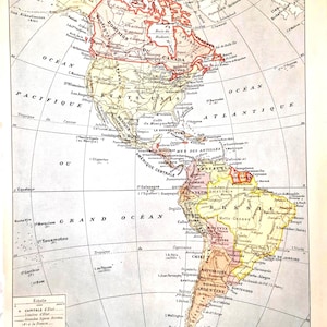 Original 1920s America Map – Antique French Geographical Atlas Print, North & South America Wall Art, Vintage Cartography Lithograph