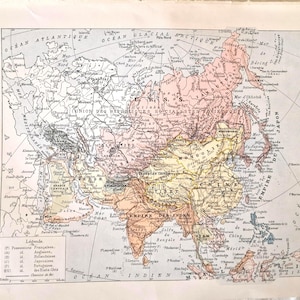 Original 1920s Asia Map – Antique French Atlas Print, Political Map with Cultural Illustrations, Vintage Geographical Larousse Wall Art