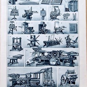 May include: An antique print featuring various printing machines and tools, including type cases, presses, and typesetting equipment. The image is in black and white, showcasing the intricate details of the machinery. The word "IMPRIMERIE" is at the top.