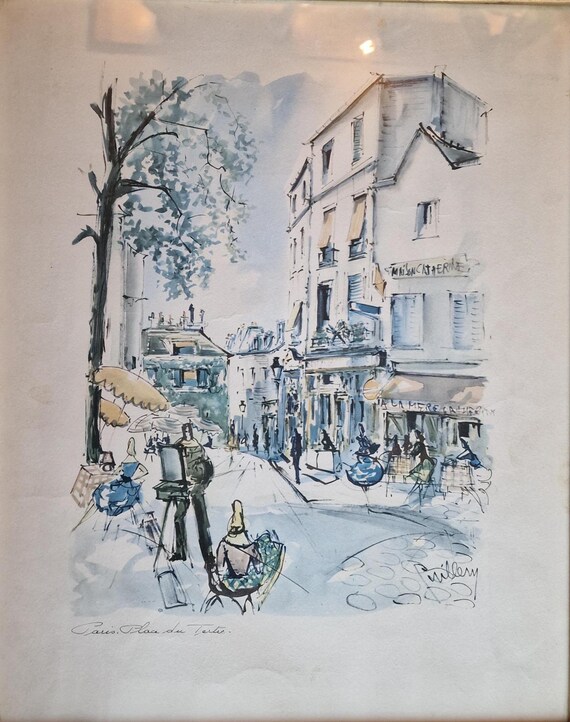 Framed 1960s Paris Place Du Tertre Print by Puillery – Montmartre