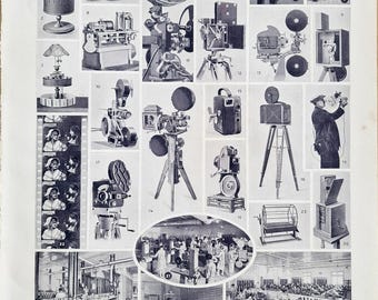 1920s French Cinema Print – Larousse Vintage Cinematograph & Early Film Camera Chart, Antique Movie Photography Illustration Wall Art