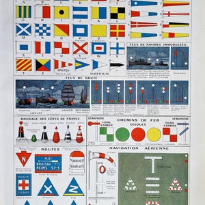 Impresión de señales de navegación francesas de la década de 1920, carta náutica antigua de Larousse, litografía vintage de navegación marítima, arte mural del Código de Transporte